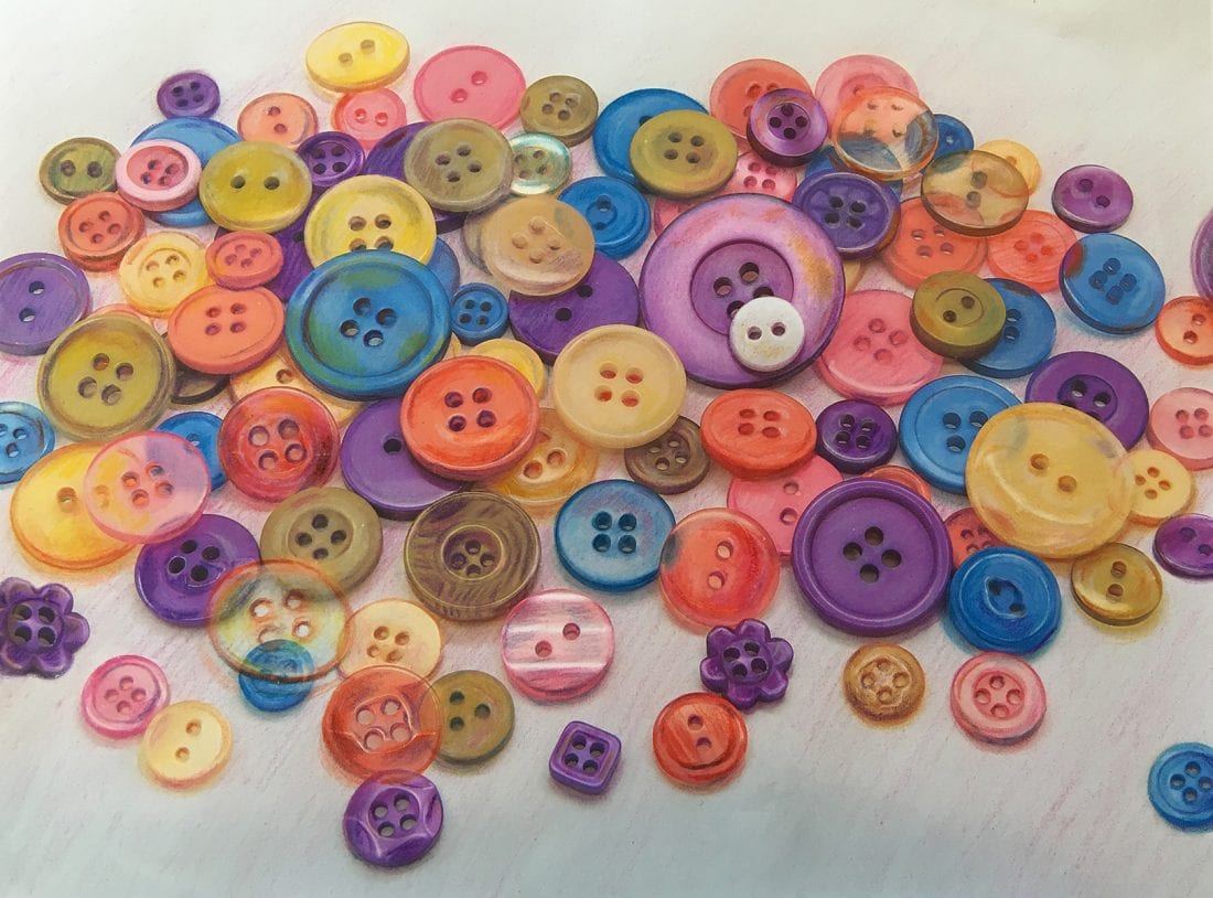 April 2019 Art Challenge #1904 “100 Buttons” | COLORED PENCIL Magazine